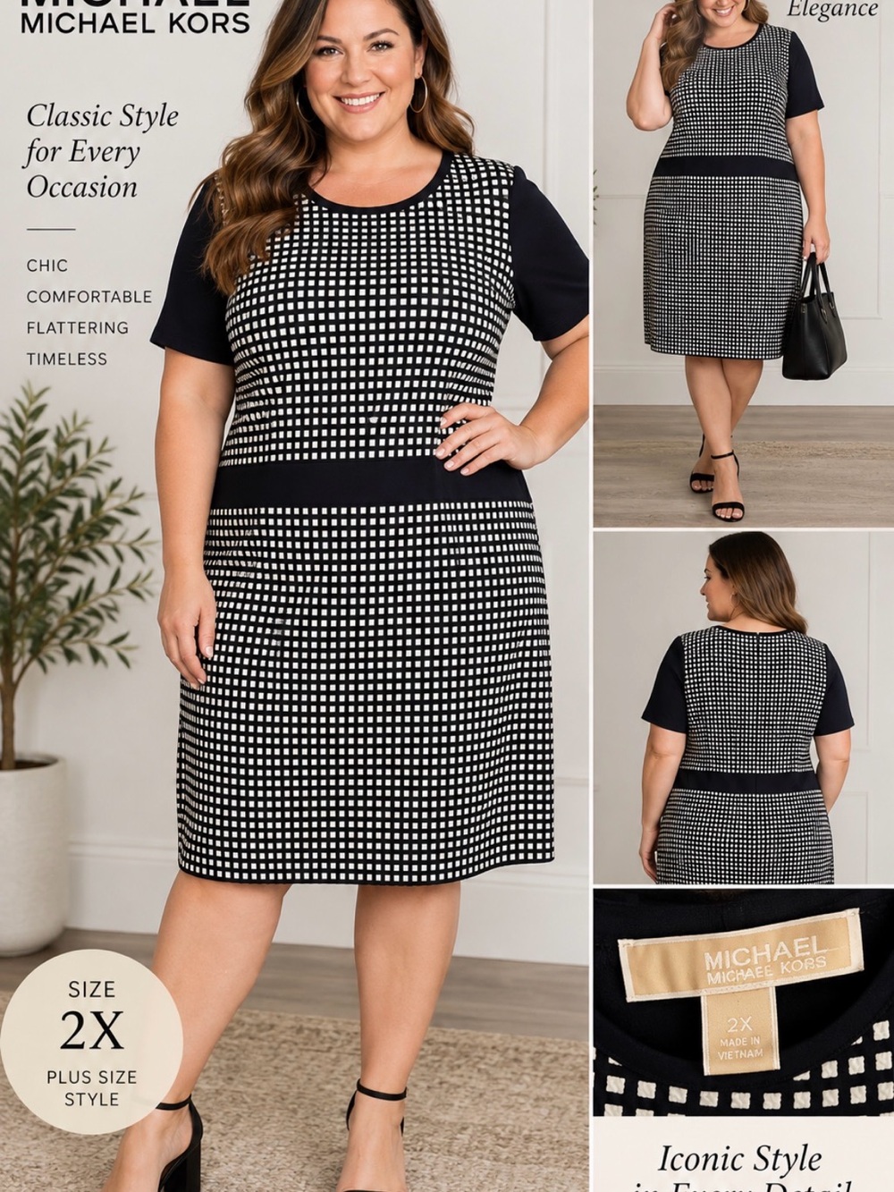 Michael Kors Black & White Gingham Ponte Midi dress